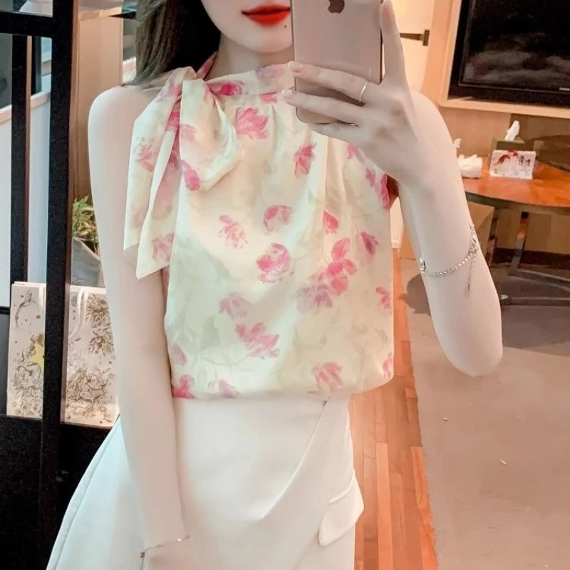 

2026 Summer New Ladies Chiffon Halter Top Sleeveless Loose Casual Blouse Fairy Chic Outwear Shirt