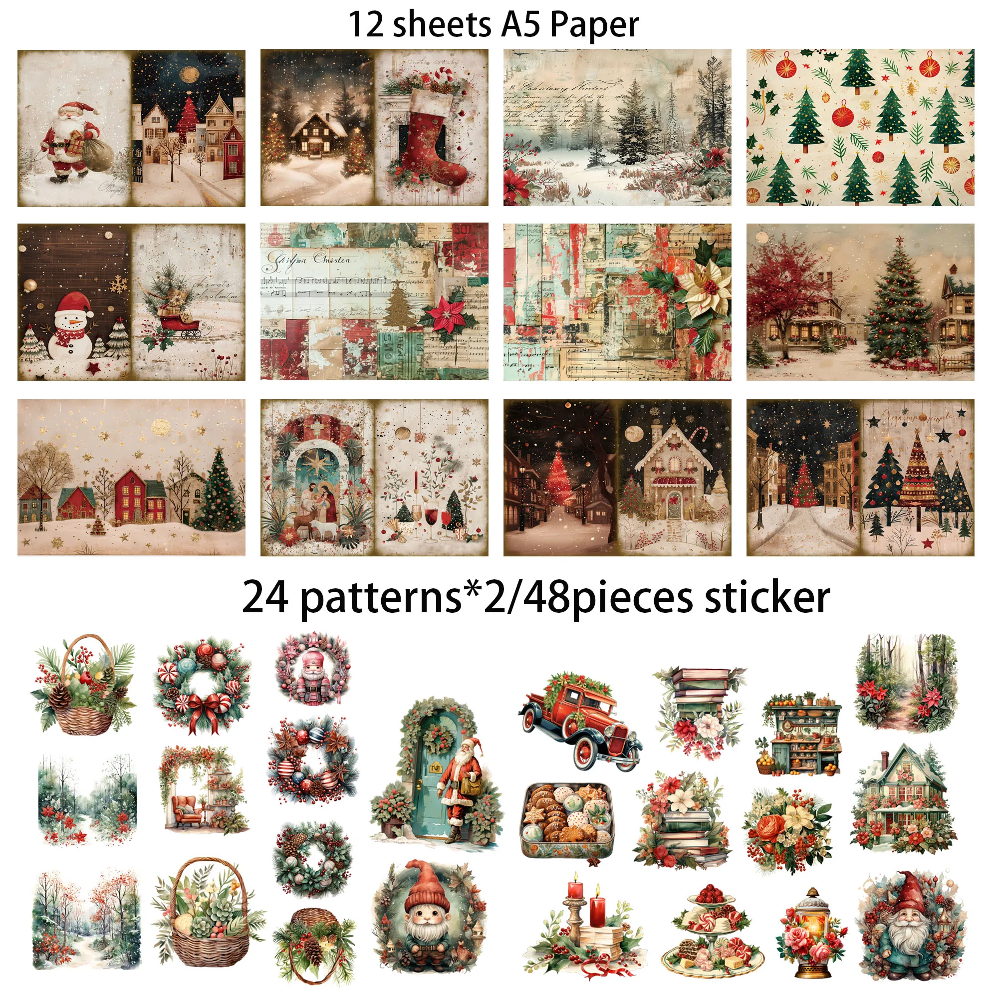 60 sztuk (papier + naklejka) Vintage Christmas DIY dekoracje śmieci zestawy dzienników, idealne na rękodzieło artystyczne, przyjęcie świąteczne,