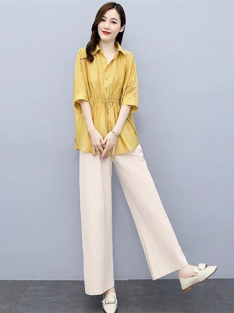 Traje de lino y algodón para mujer, traje de dos piezas con cuello vuelto, Top liso y pantalones de pierna ancha, alta calidad, 2022
