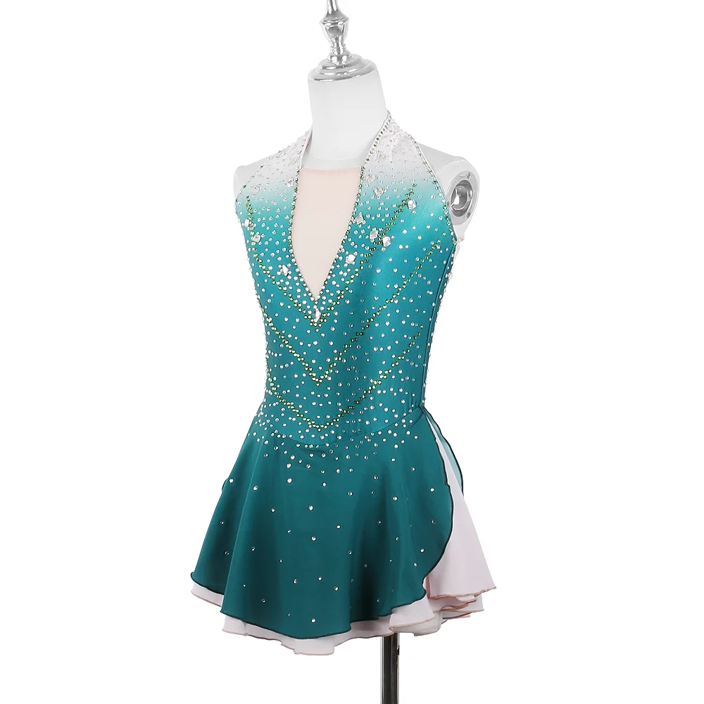 Zagitova Figure Skating Dress For Women Girls Ice Skating Skirt Performance Competition Gradient Green Sleeveless