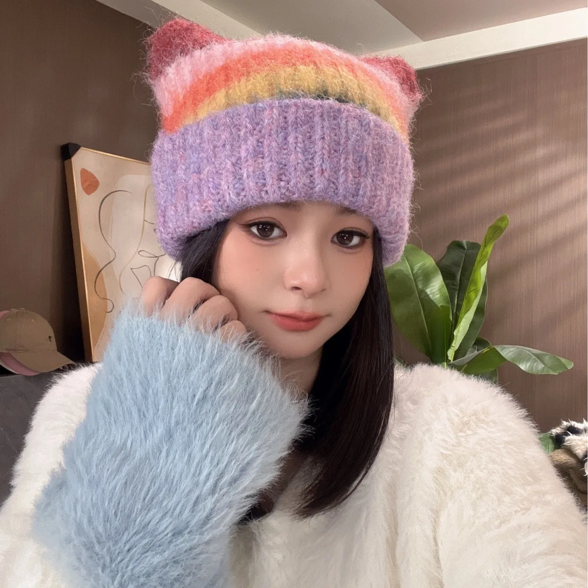 Women Winter Hat Fashion Rainbow Striped Beanies Warm Fluffy Knit Cat Ear Caps Colorful Ombre Skullies Hat Female