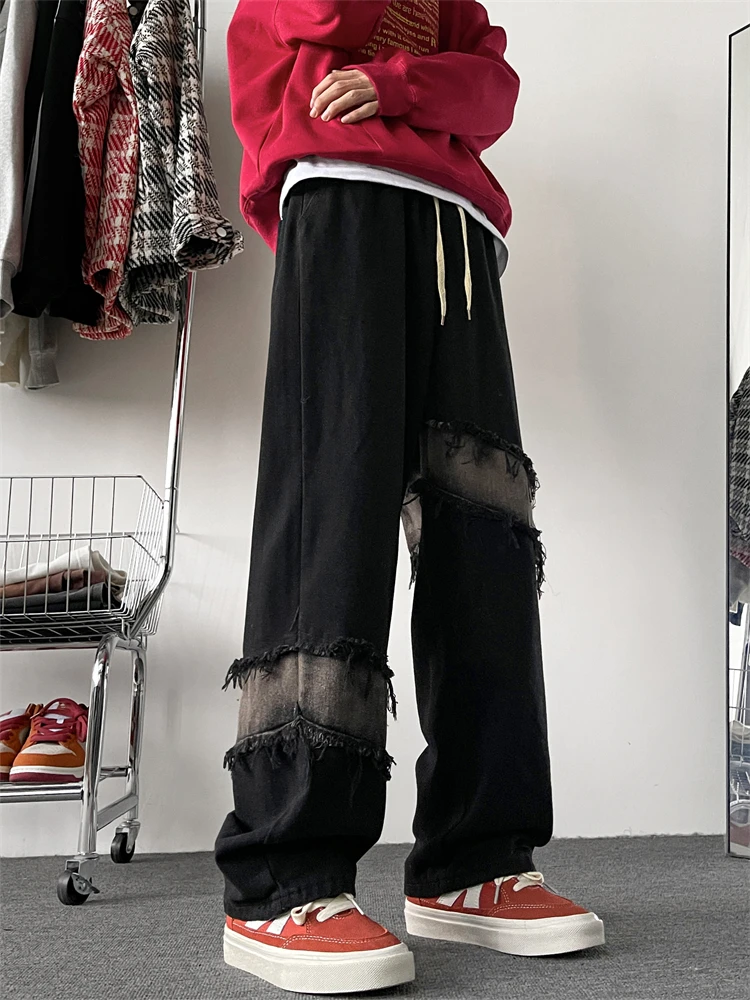 

American Retro Vibe Men's Straight Leg Jeans Torn Frayed Patchwork High Street Trend Loose Wide Leg Pants Casual Spring Wear