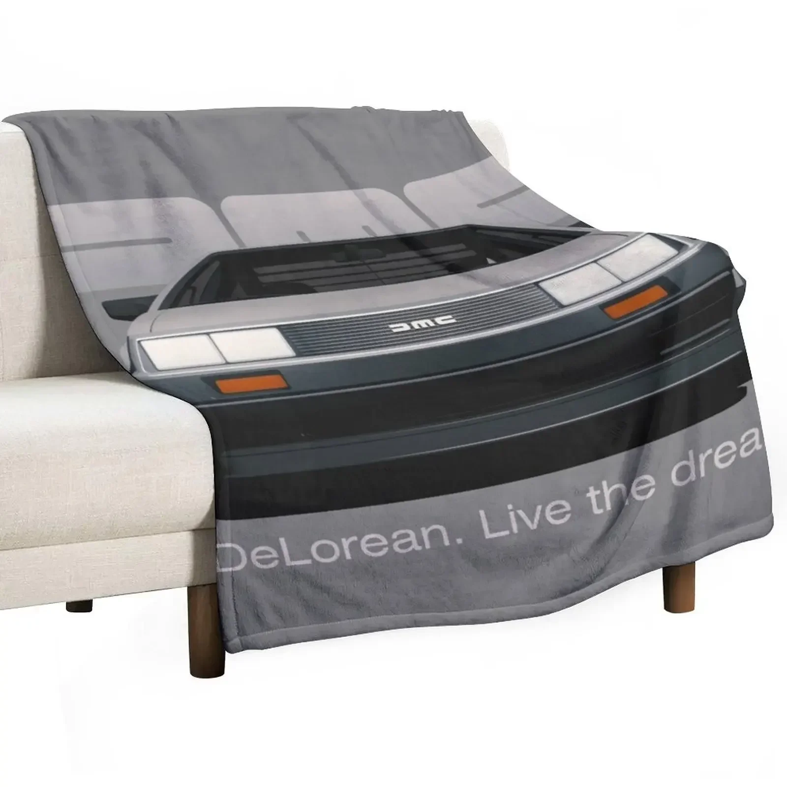 DeLorean DMC-12 cartoon retro style car front view with slogan Throw Blanket blankets and throws Stuffeds Blankets