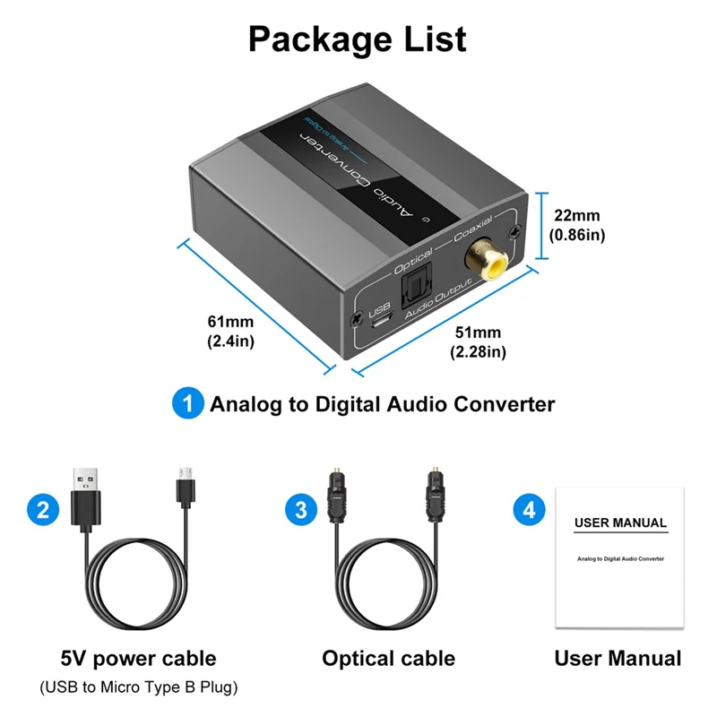 Analog to Digital Audio Converter to Optical with Optical Cable Audio Digital Toslink and Coaxial Audio Adapter