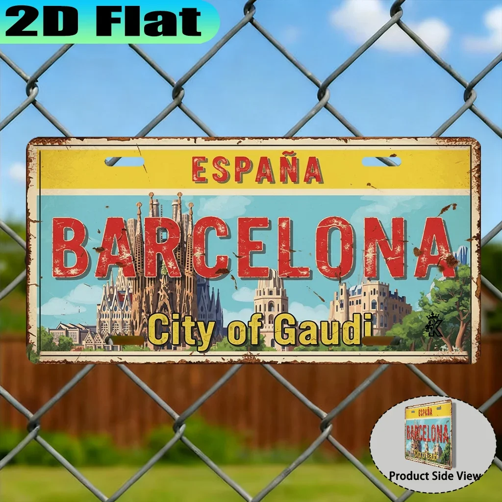 2D Flat - 【2D Flat】 1pc Barcelona, the City of Gaudi Retro Aluminum Sign | 30.48x15.24 cm License Plate, Vintage Urban Style,