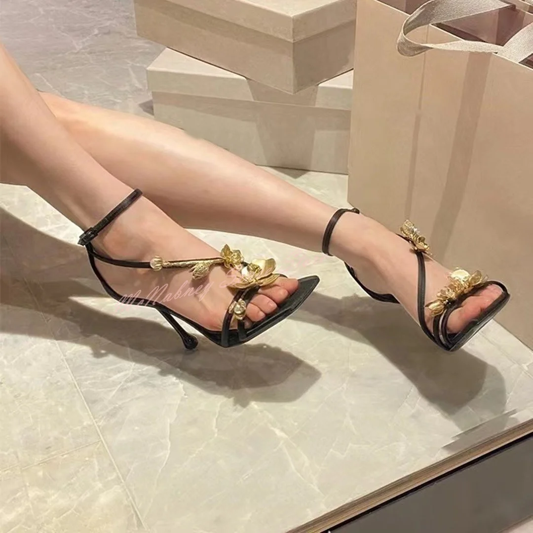 

Golden Flower Single-Strap Sandals Open Toe Design Square Toe Stiletto High-Heeled Sandals Women Summer New Style Shoes Buckles