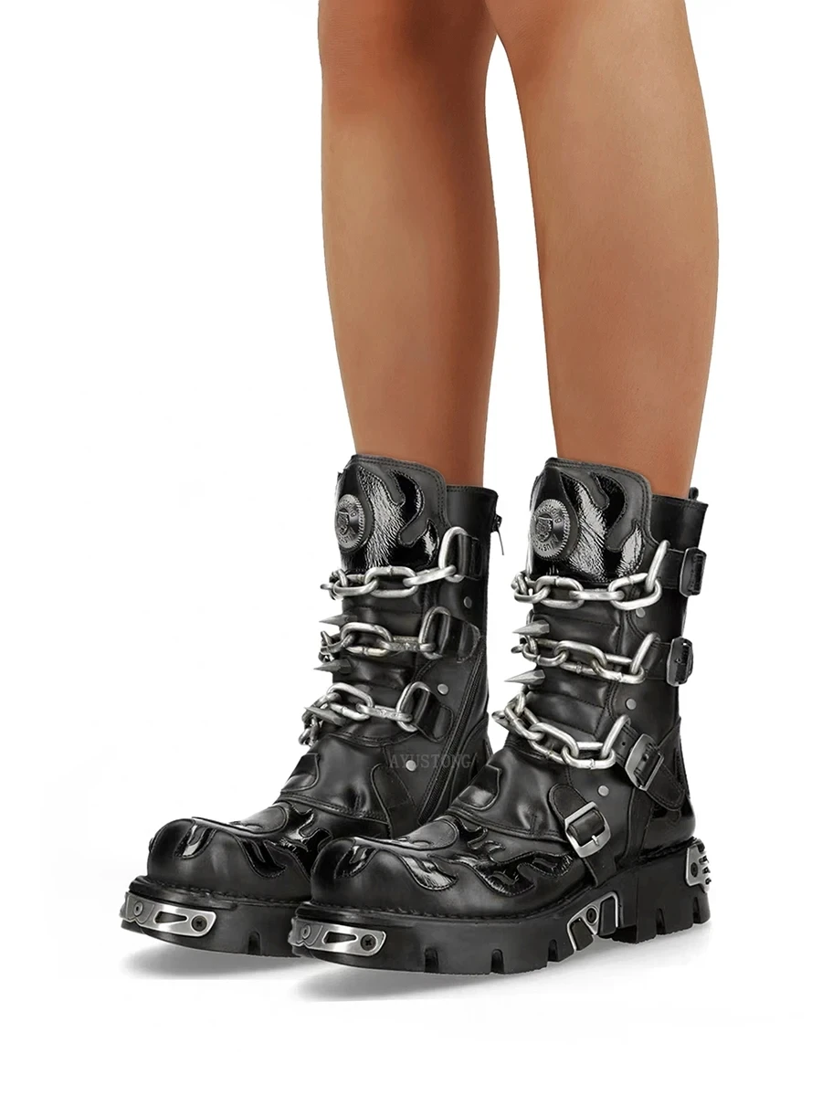 

Новые мужские мотоциклетные ботинки в стиле панк, армейские ботинки до середины икры на металлическом толстом каблуке с пряжкой в готическом стиле, женские ботинки в стиле вестерн на молнии с круглым носком