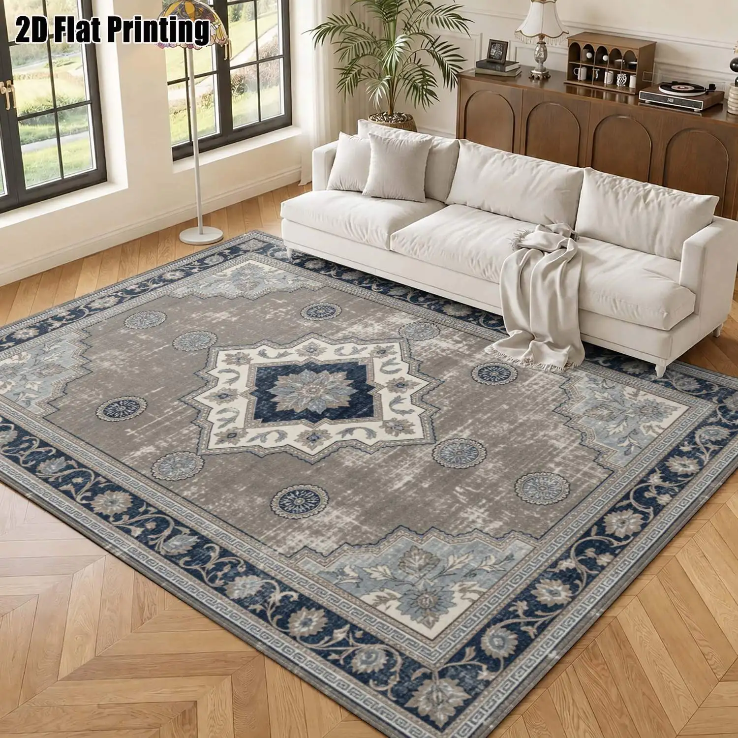 1Pc 2D Printed Brown-Grey Retro European Carpet, Multi-Size, Machine Washable, for Home Decor & Multi Scenes