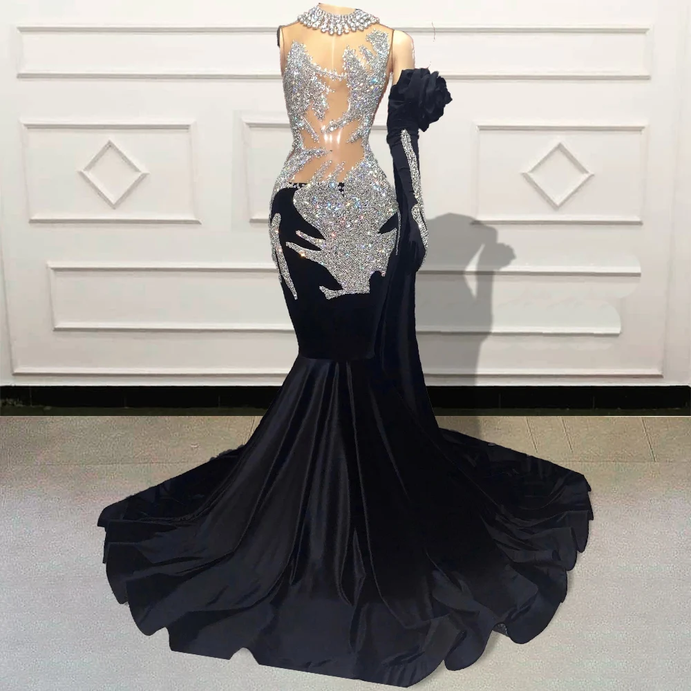 Sexy feminino ver através longo vestido de baile 2023 sereia glitter frisado cristal preto meninas formais vestidos de noite para festa de formatura