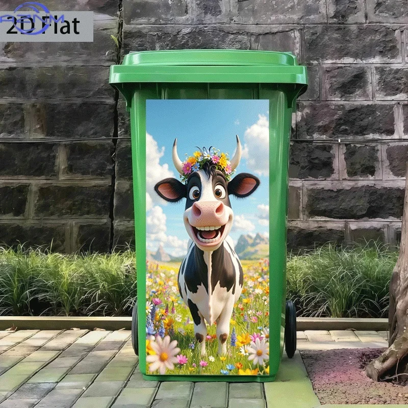of Trash Can Sticker,  Featuring a Floral Cow Design for a Themed Decoration. Self-Adhesive Wall Sticker for Decorating Trash