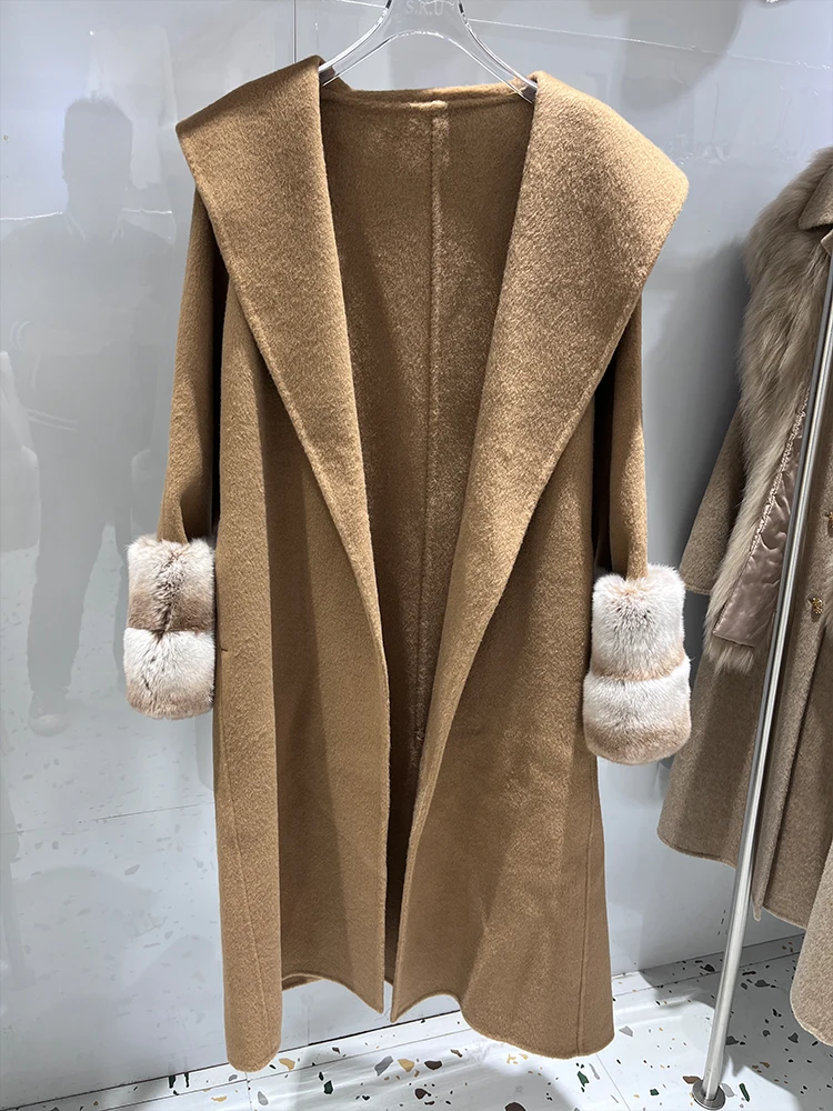 New Women Autumn Winter Coats Cashmere Sheep Wool Blends Real Natural Rex Rabbit Fur Cuff Belt Slim Style Female Outerwear