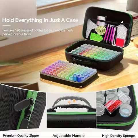 Multi-Size Slot Diamond Painting Accessories Storage Box with Storage Bag, Round Bottle and Tools - DIY Carrying Case