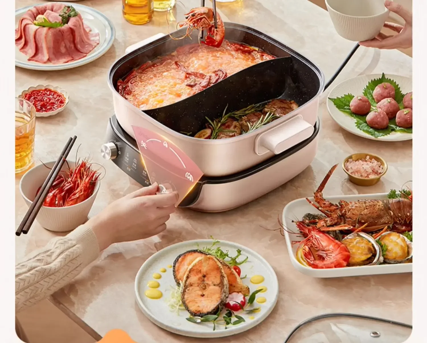 220V Multi-Function Electric Skillet with Midea Dual Control Rapid Heating for Home Cooking