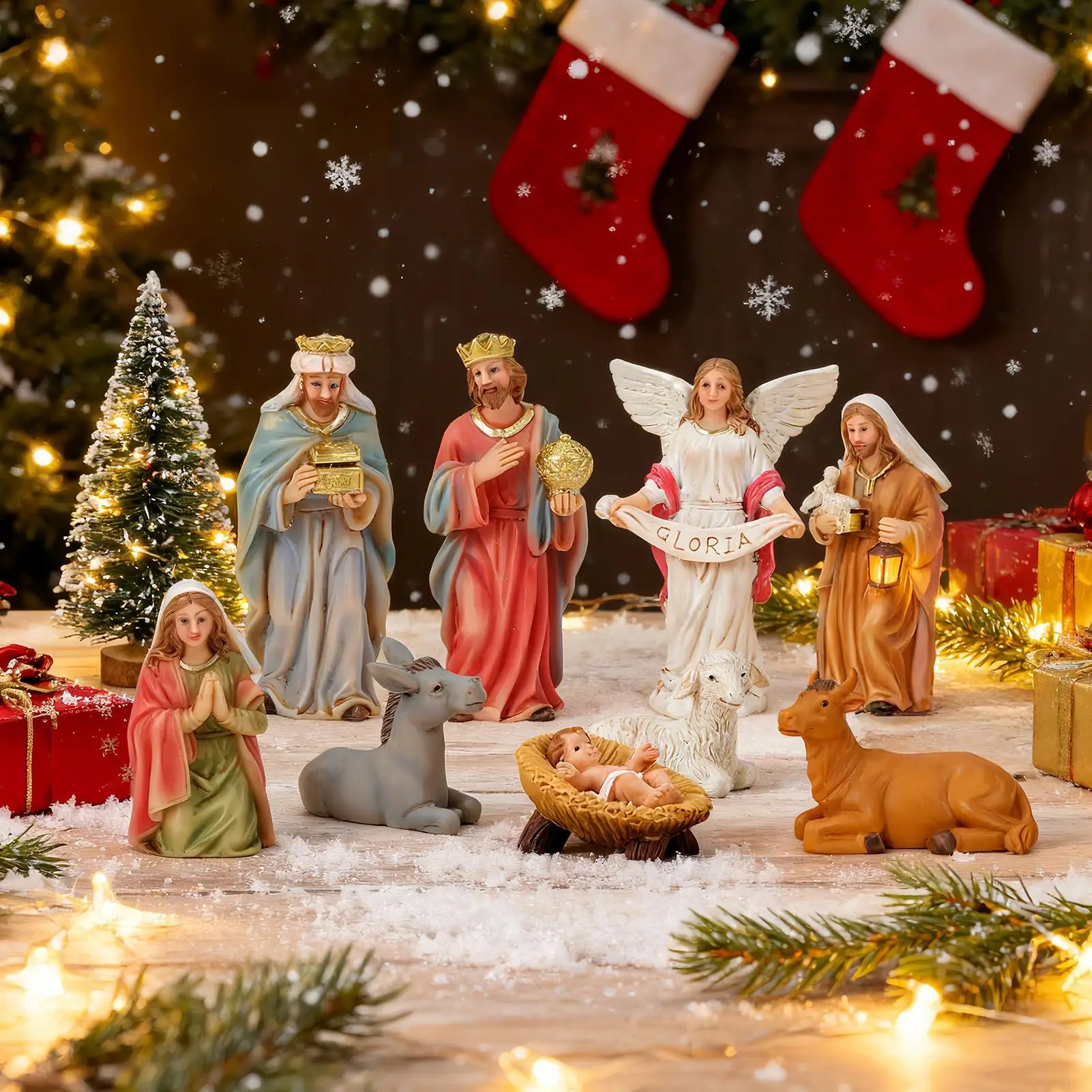 Christmas Nativity Scene Christmas Decorations Religious Jesus Figurines Manger Holy Family Statue Nativity Scene Set for Indoor