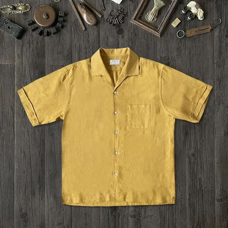 

Японская новая рыжевая однотонная льняная рубашка, мужская летняя простая повседневная рубашка в стиле ретро с воротником с короткими рукавами