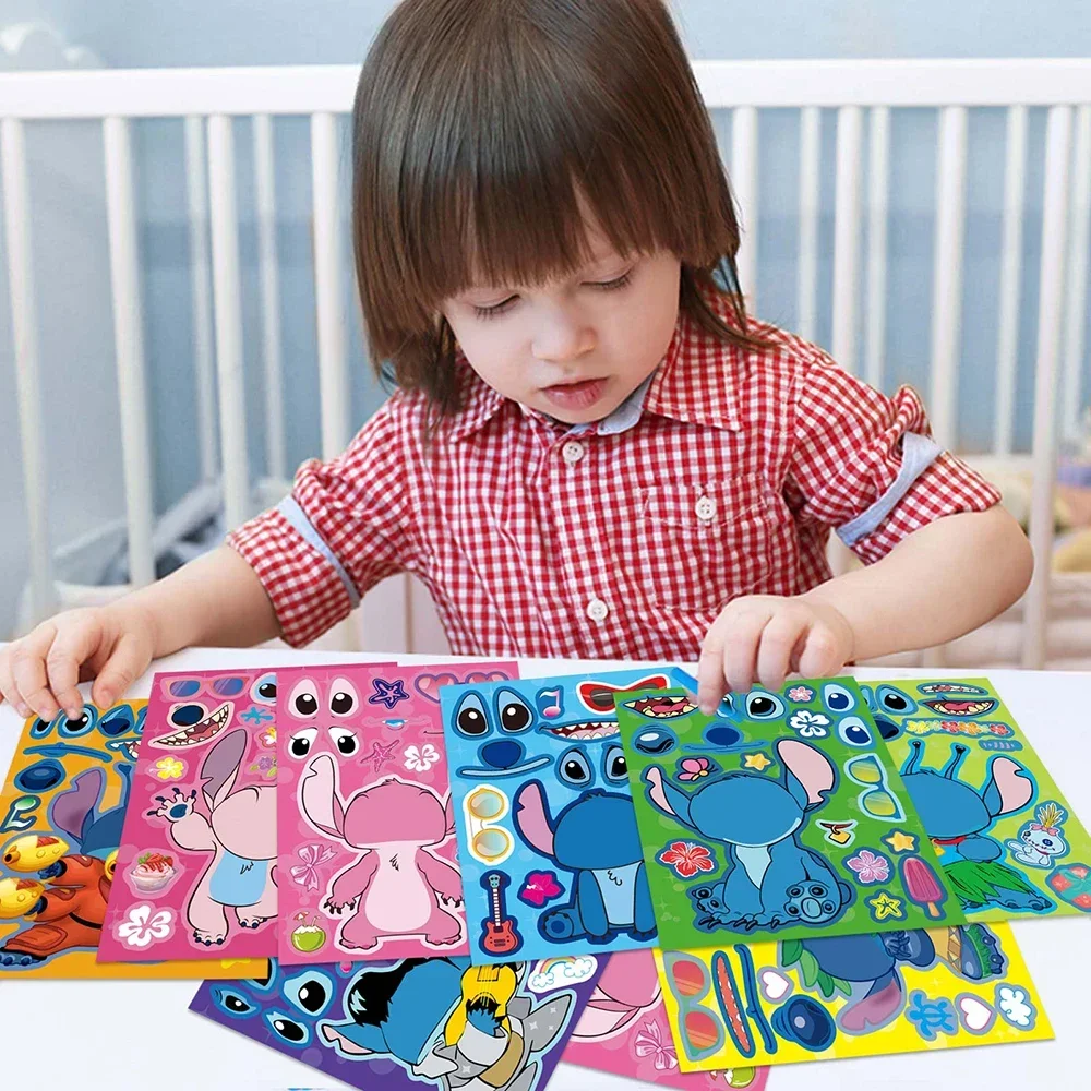 8/16 Blatt Disney Stich Cartoon Puzzle Aufkleber Kinder Machen ein Gesicht DIY Spielzeug Lustige Montieren Puzzle Kinder Jungen mädchen Party Spiel
