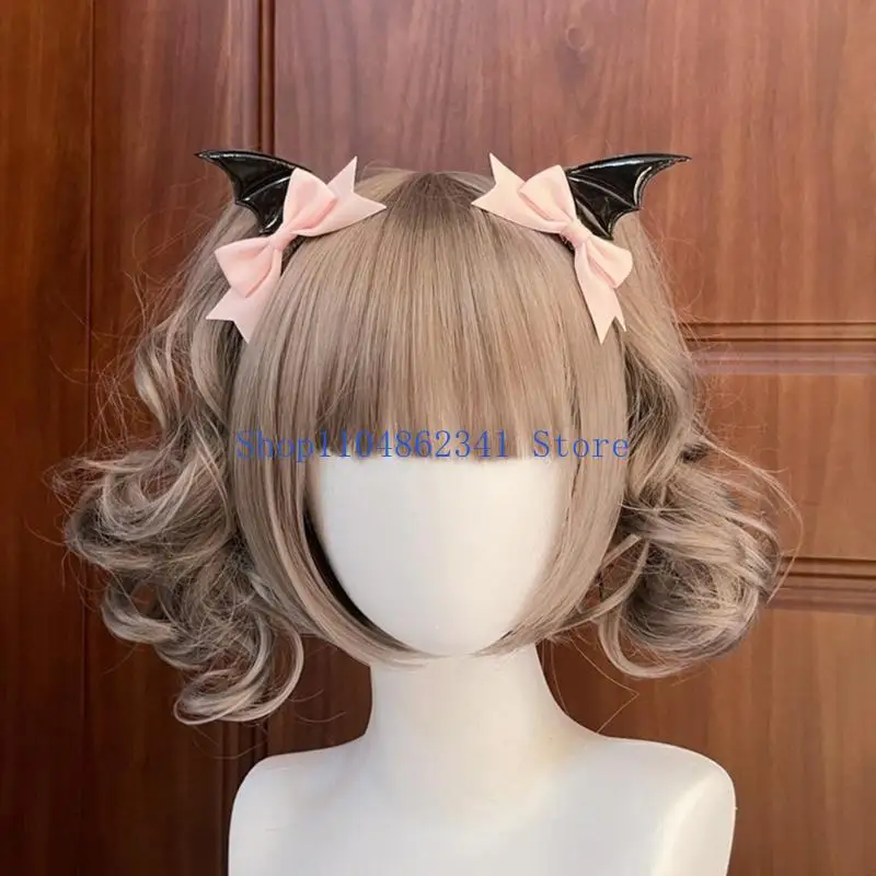 5asd Punk Headdress Black Bow Hair Clip Bow Black Barrettes with Devil Wing