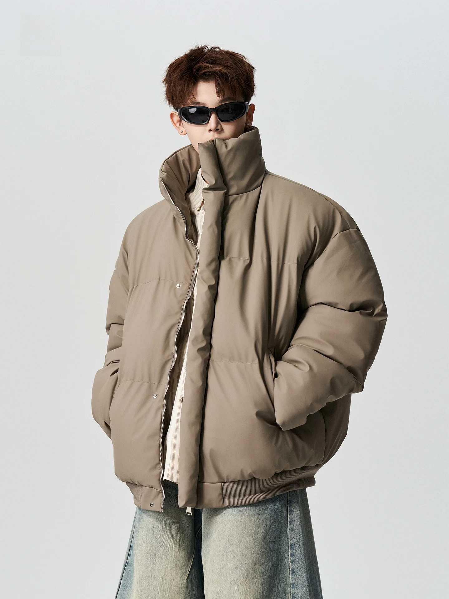 

American High Street Trendy Brand Men's Winter Thiened down Cotton Jaet Loose Casual Outerwear Stand Collar PU Leather