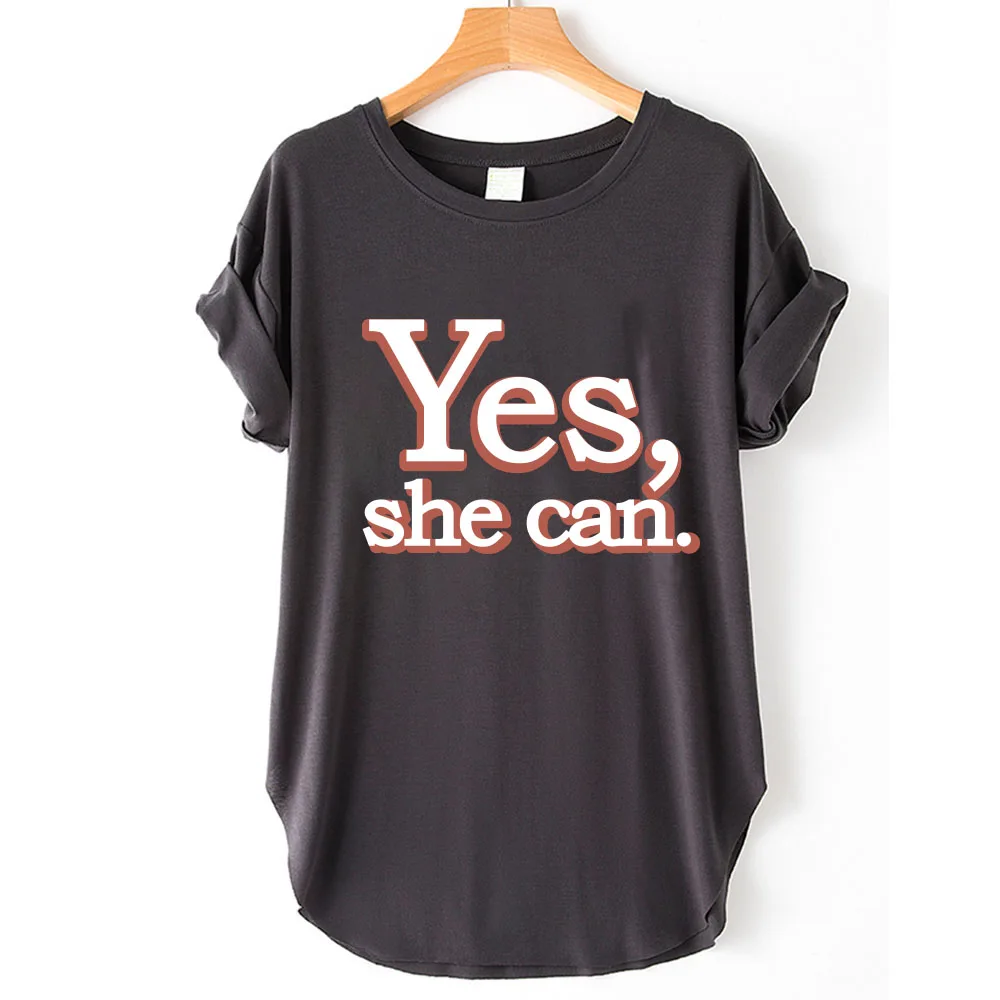 

Seeyoushy Yes，She Can。 Fun Printed Women's Top Summer New Women's T-shirt Trend Fashion Side Slit Women's Clothing Y2K Harajuku