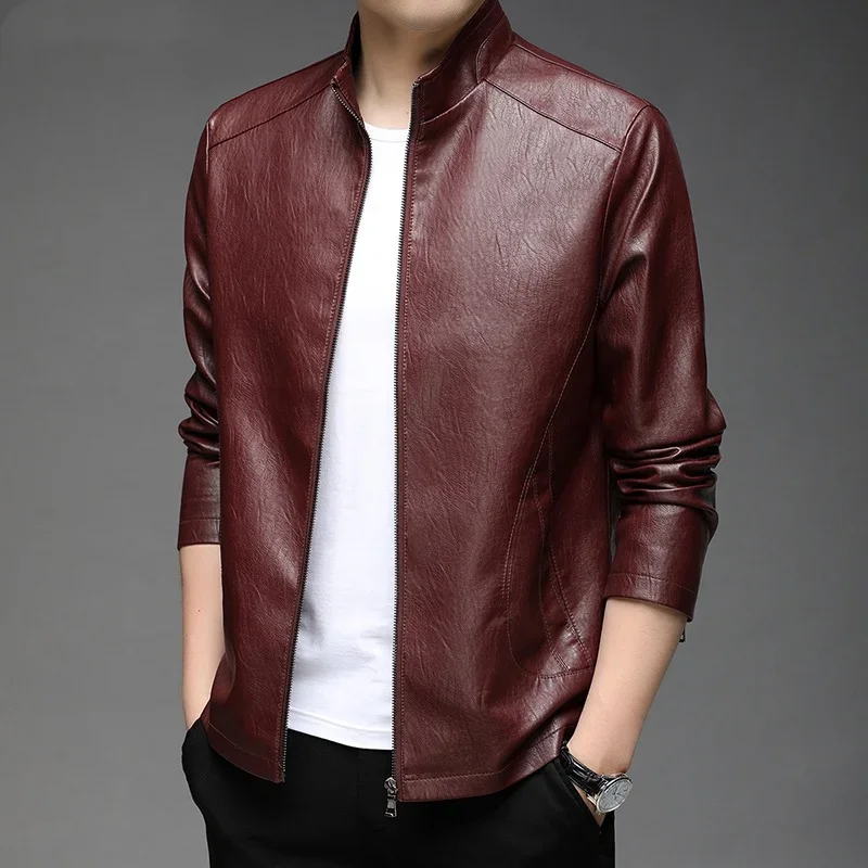 

Top Grade New Brand Designer Casual Fashion Brown Classic Faux Pu Fashion Leather Jacket Men Moto Coats Mens Clothing 2023