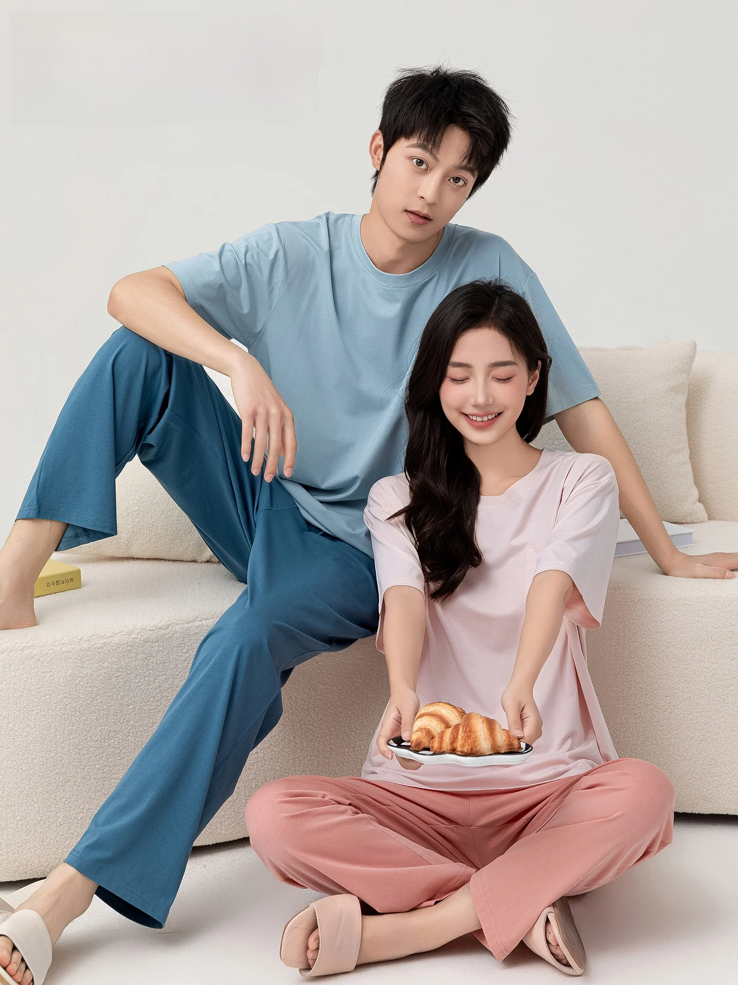 couple's-summer-lightweight-short-sleeve-modal-sleepwear-set-breathable-comfortable-home-clothes-men's-loose-fit-women's-nigh