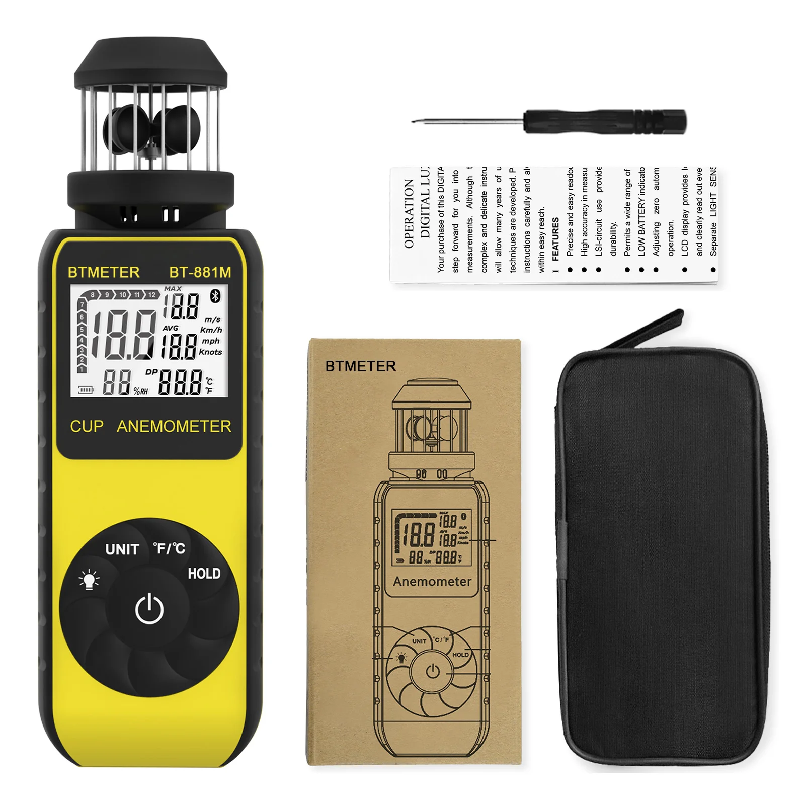 BT-881M Cup Anemometer 0.7-42m/s 360° Rotatable Wind Speed Meter with Compass Temp Backlight for Drone