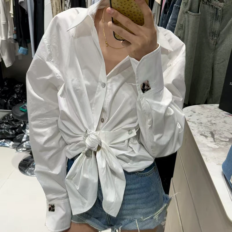 

Ladies' handmade lace button shirt, vacation style knotted top, fashionable and casual versatile shirt, high-quality pure cotton
