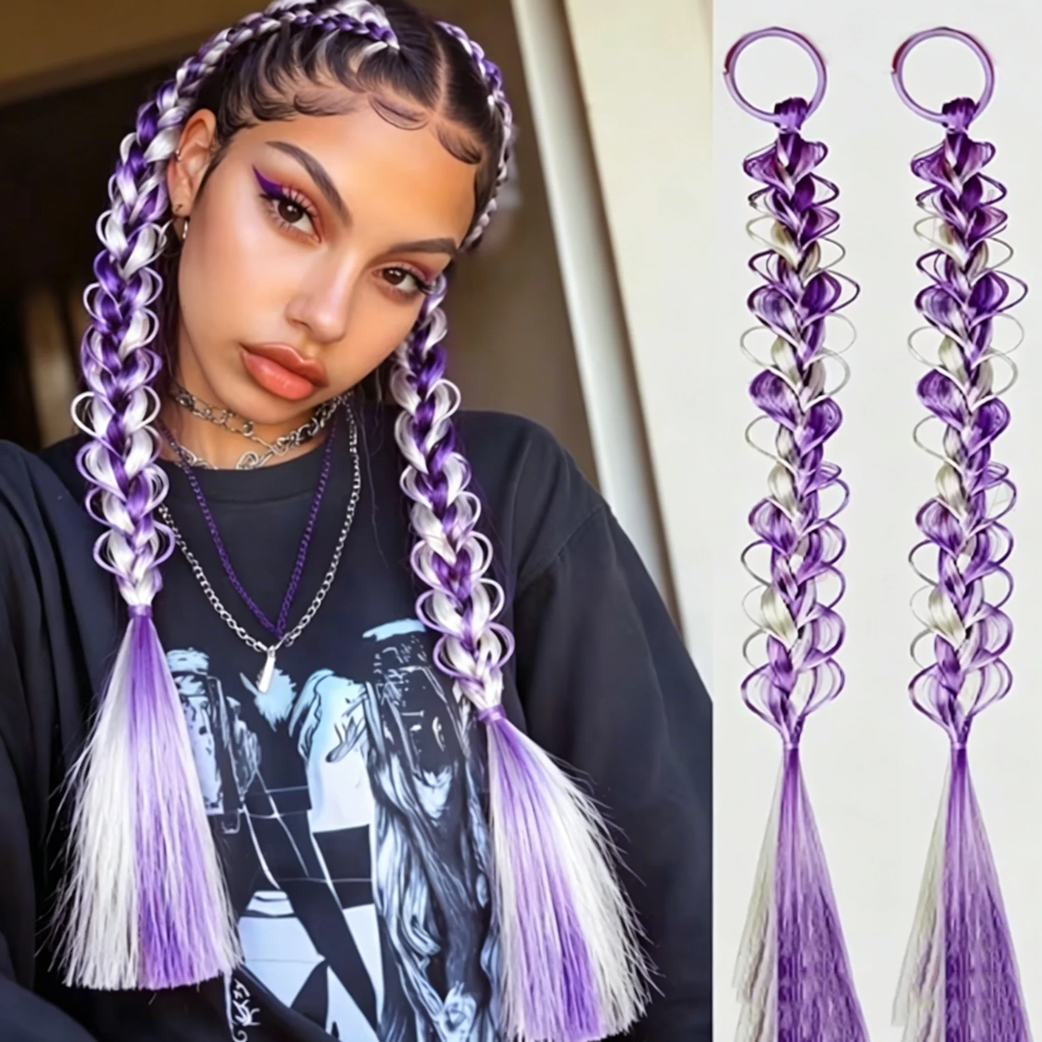 

Women’s Synthetic Ombre Bubble Braid Ponytail Hair Extensions, Colorful Double Braids for Y2K, Festival & Party Looks