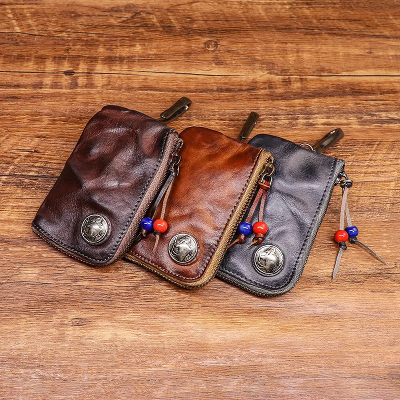 

Vegetable tanned real leather key bag Handmade made old washed cowhide vintage style zipped car key bag