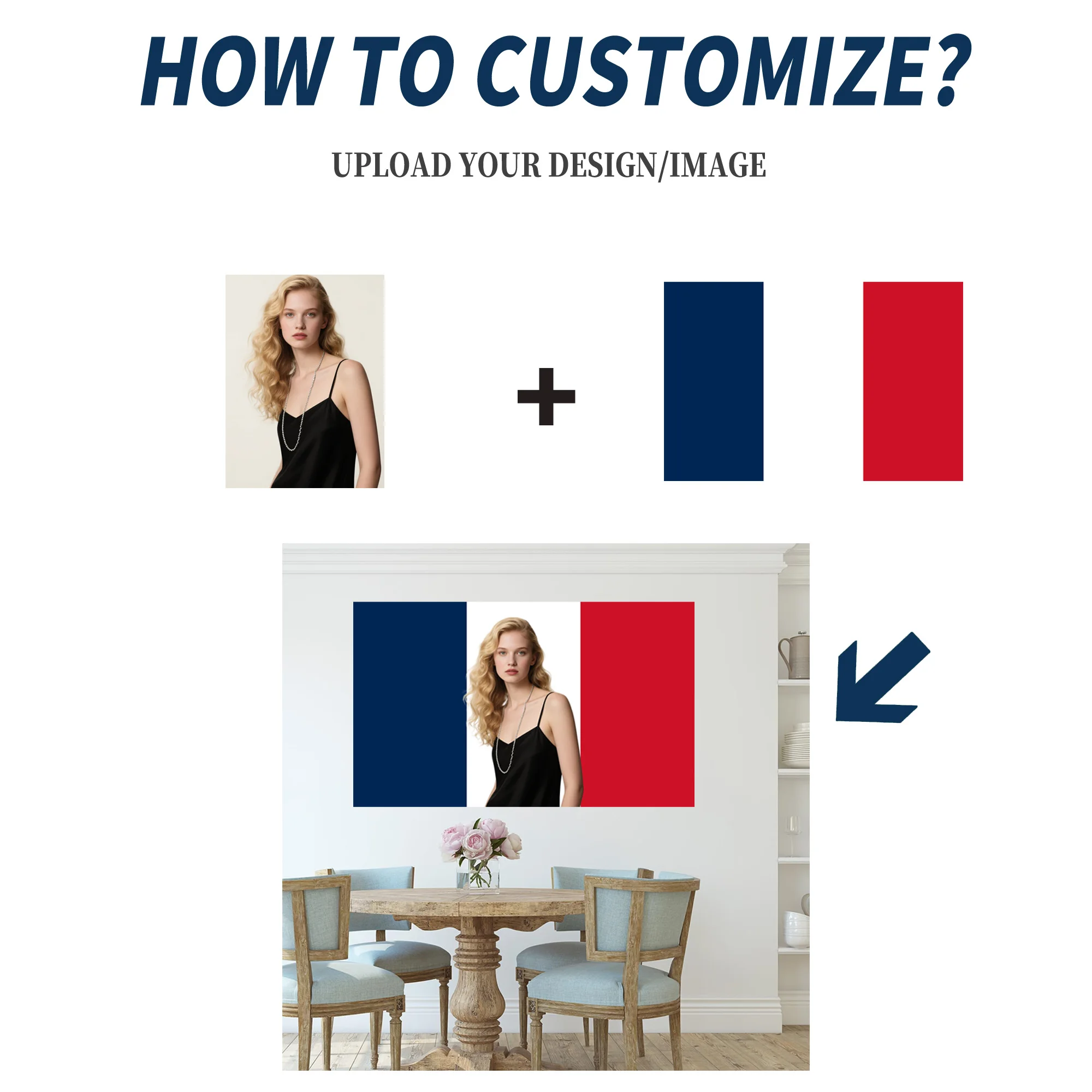 1 cartel plano 2D personalizado con bandera francesa/francés, decoración de pancarta con bandera nacional de Francia con imagen personalizable, poliéster