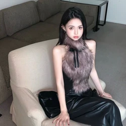 2024 Spring New Bow Halter Camisole Mujer Sexy Slim Fit Fluffy Vest for Women Y2k E-Girl Sleeveless Bottoming Tank Top