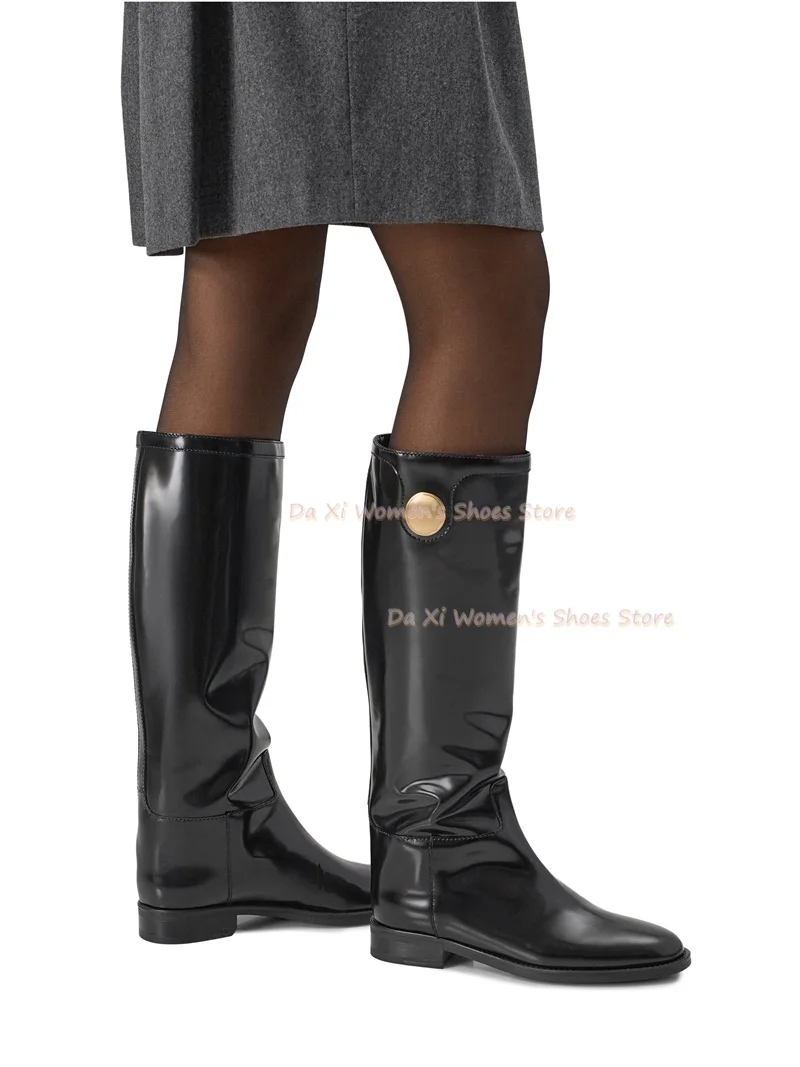 Black Matte material Leather Knee High Boots Gold Round Button Decor Flat Low Heel Riding Boots luxurious Women's Winter Boots