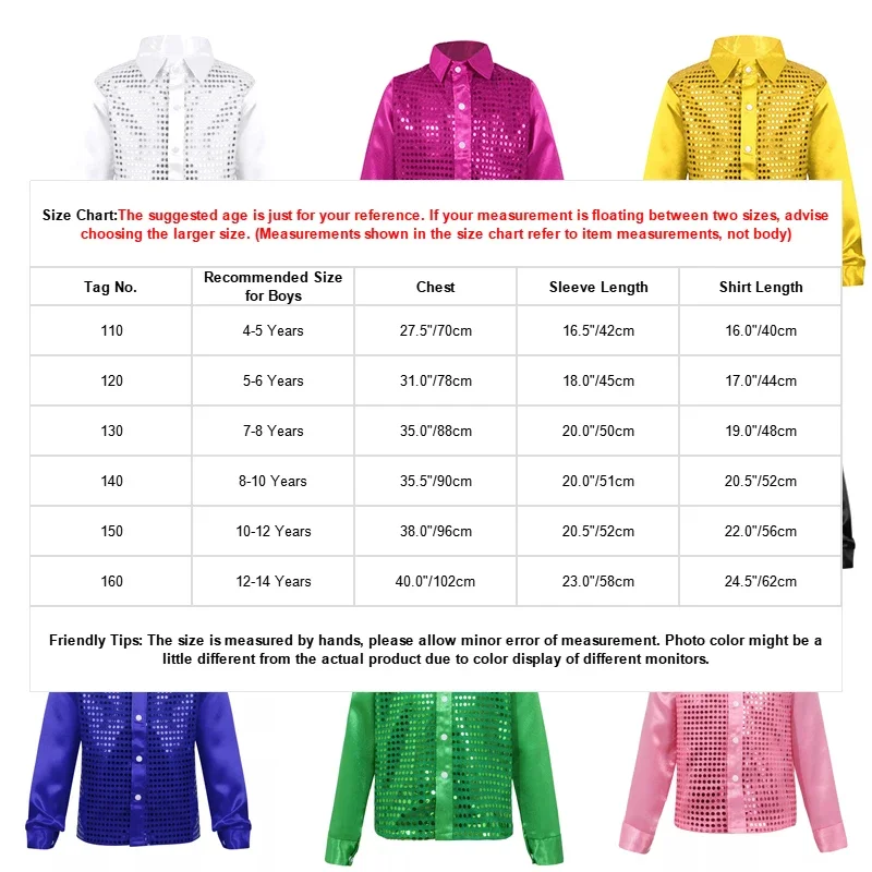 New Summer Kids Boys Long Sleeve Sequin Shirt Disco Hip Hop Jazz Dance Stage Show Chorus Shirt Fashion Lapel Button Casual Shirt