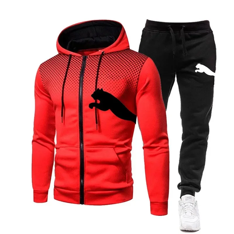 New autumn and winter casual men's sportswear set, outdoor fashionable jogging training men's zipper hoodie + pants 2-piece set