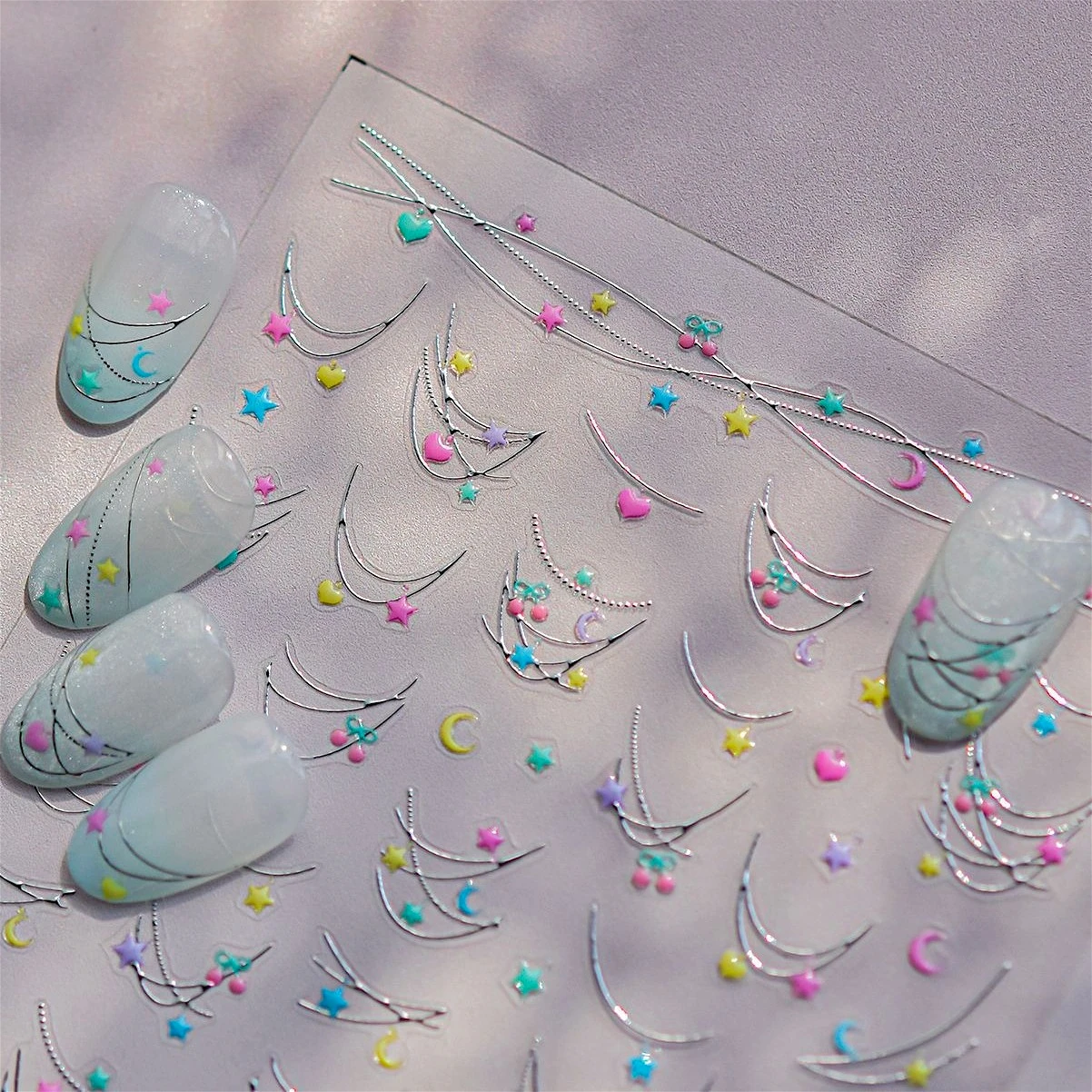 

Colourful Star Moon Curved Line Arc Necklace Love Heart Hanging in The Air Starry Night Adhesive Nail Art Sticker Manicure Decal