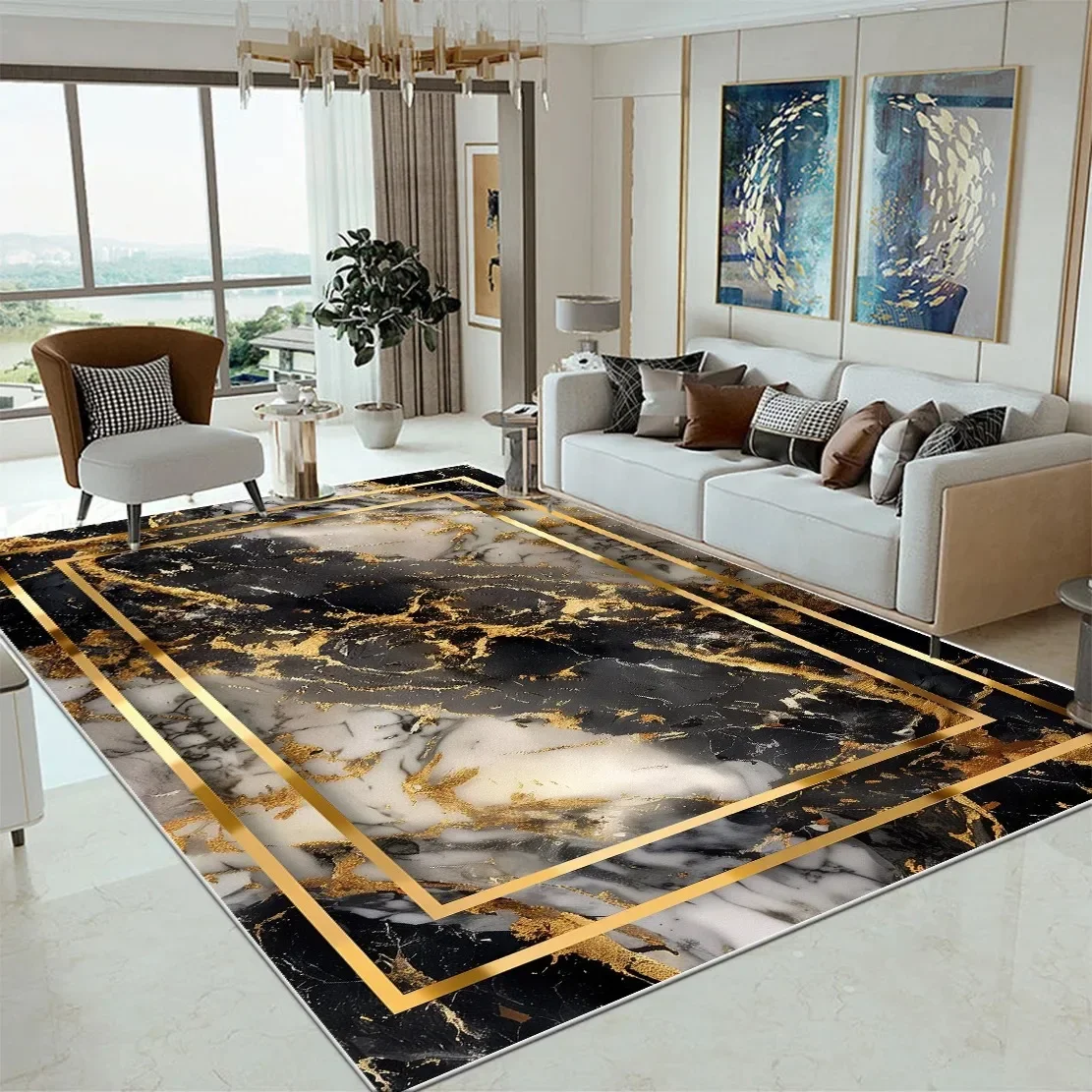 

VIKAMA Luxury Marble Large Rugs for Living Room Decor Sofa Black Gold Carpet Decoration Home Coffee Tables Mat Non-slip Carpets