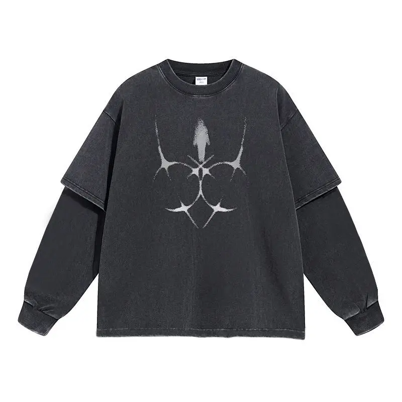 Vintage Washed Cotton Fake Two-Piece T-Shirt, Gothic Abstract Graphic Print, Black Oversized Streetwear Tee, Y2K Dark Aesthetic