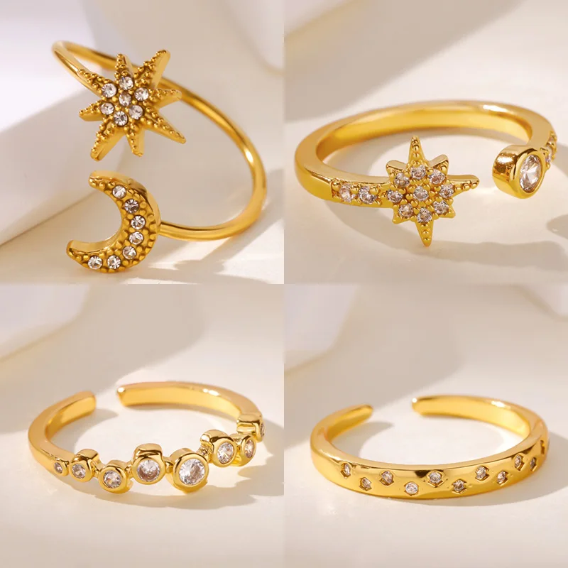 لذيذ الزركون نجوم والقمر خواتم للنساء الفولاذ المقاوم للصدأ الذهب اللون هندسية نجوم خاتم مجوهرات الزفاف الجمالية
