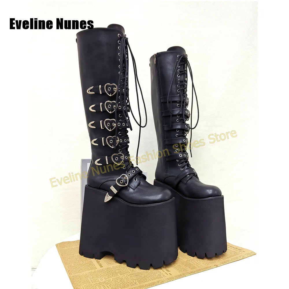 Y2K Gothic Lolita Tall Platform Boots Black Matte Heart Shaped Metal Buckle Chunky Sole Punk Street Style Party Fashion Shoes view 4