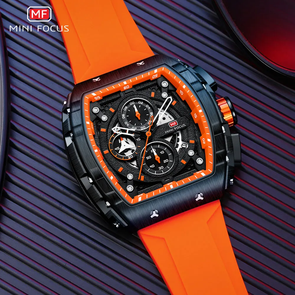 Reloj de pulsera deportivo militar para hombre, cronógrafo de cuarzo, con correa de silicona naranja, con fecha automática, MINI FOCUS, Tonneau, 0399
