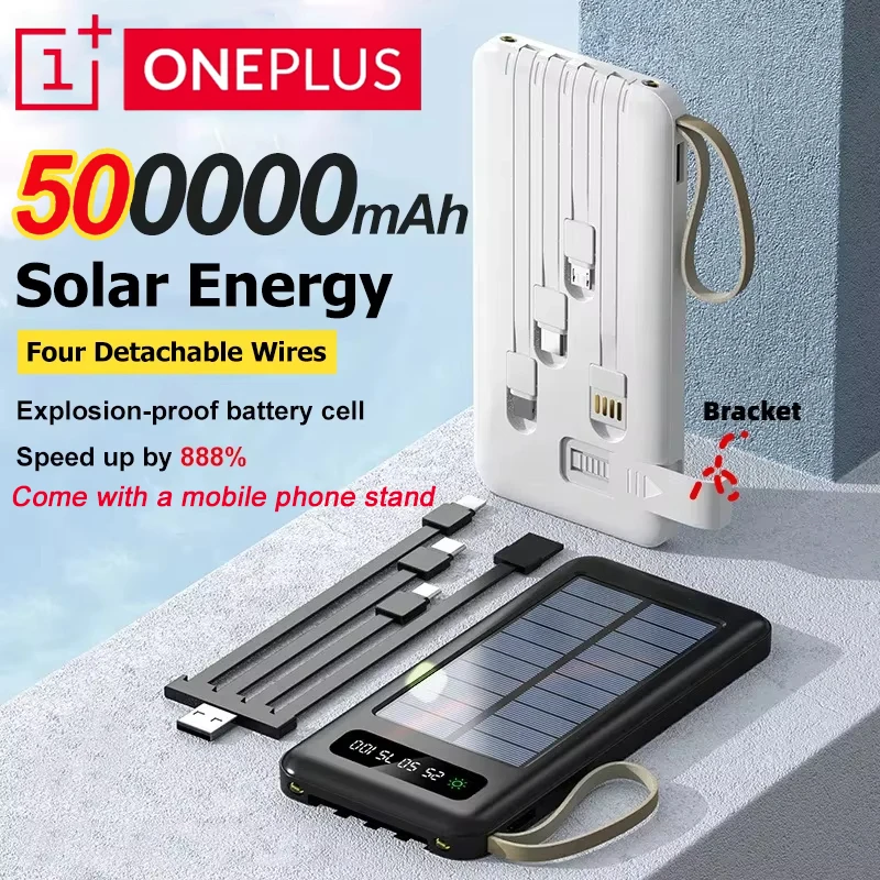 بنك الطاقة الشمسية OnePlus بسعة 50000 مللي أمبير في الساعة، بطارية شحن سريع، كابلات USB مزدوجة مع حامل هاتف محمول