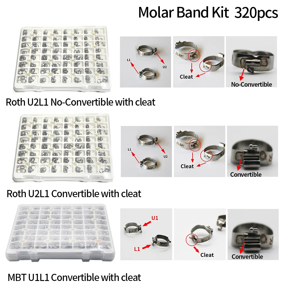 

1Box 320Pcs Dental Orthodontics Molar Band with Roth Upper Double Lower Single Buccal Tube and Lingual Cleat