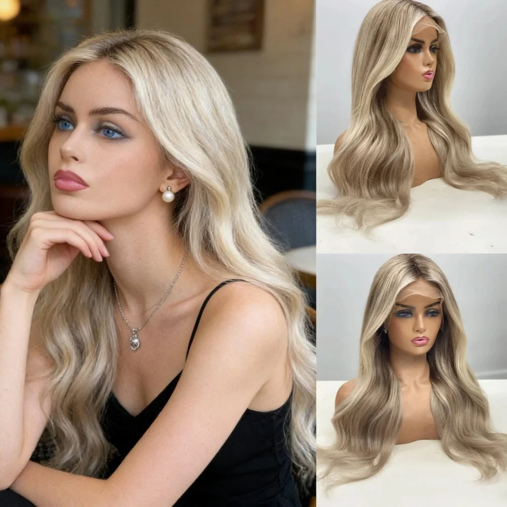 Ombre Dirty Blonde Long Wavy Lace Front Wigs with Pre plucked Natural Hairline Heat Resistant Synthetic Wigs for Daily Use