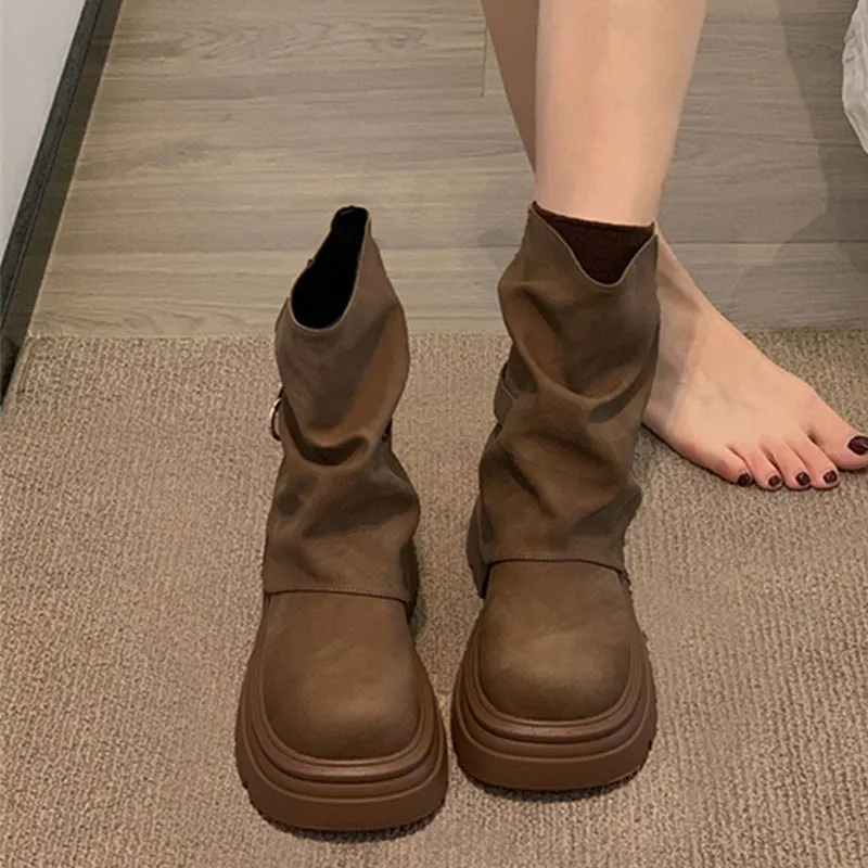 

Women's high rise thick soled midsole boots for autumn 2025 new British style high-end short boots for women