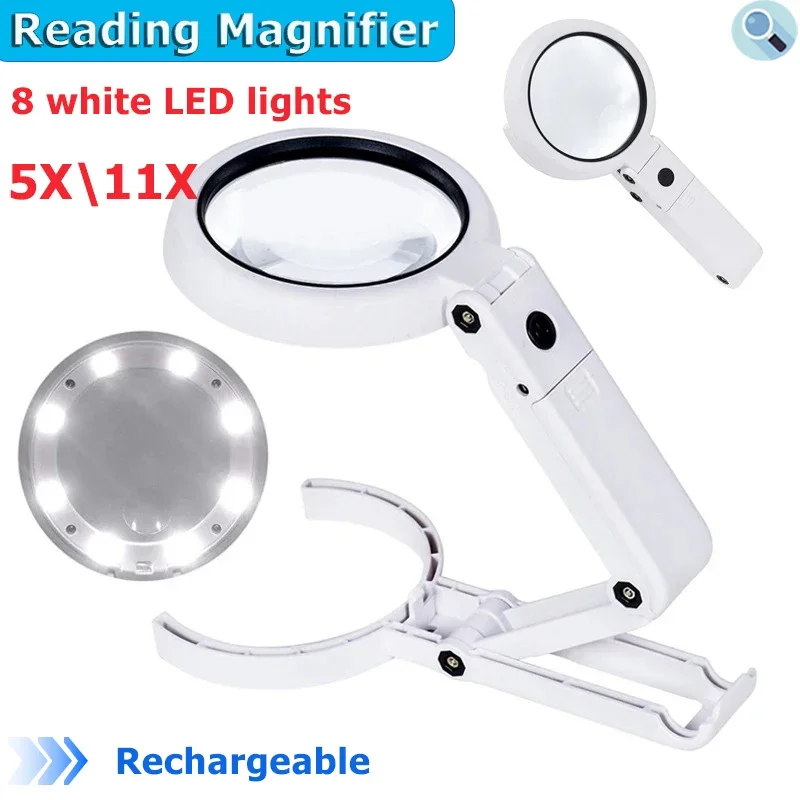 11x 5x Portable Magnifier with Light and Stand Foldable Handheld Desktop Magnifier for Reading Newspapers Magnifier Repair Tool