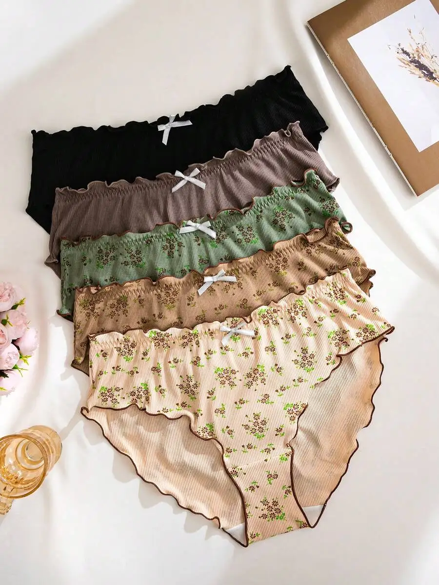 5pcs Plus Size Womens Floral Ruffle Trim Briefs Cotton Blend