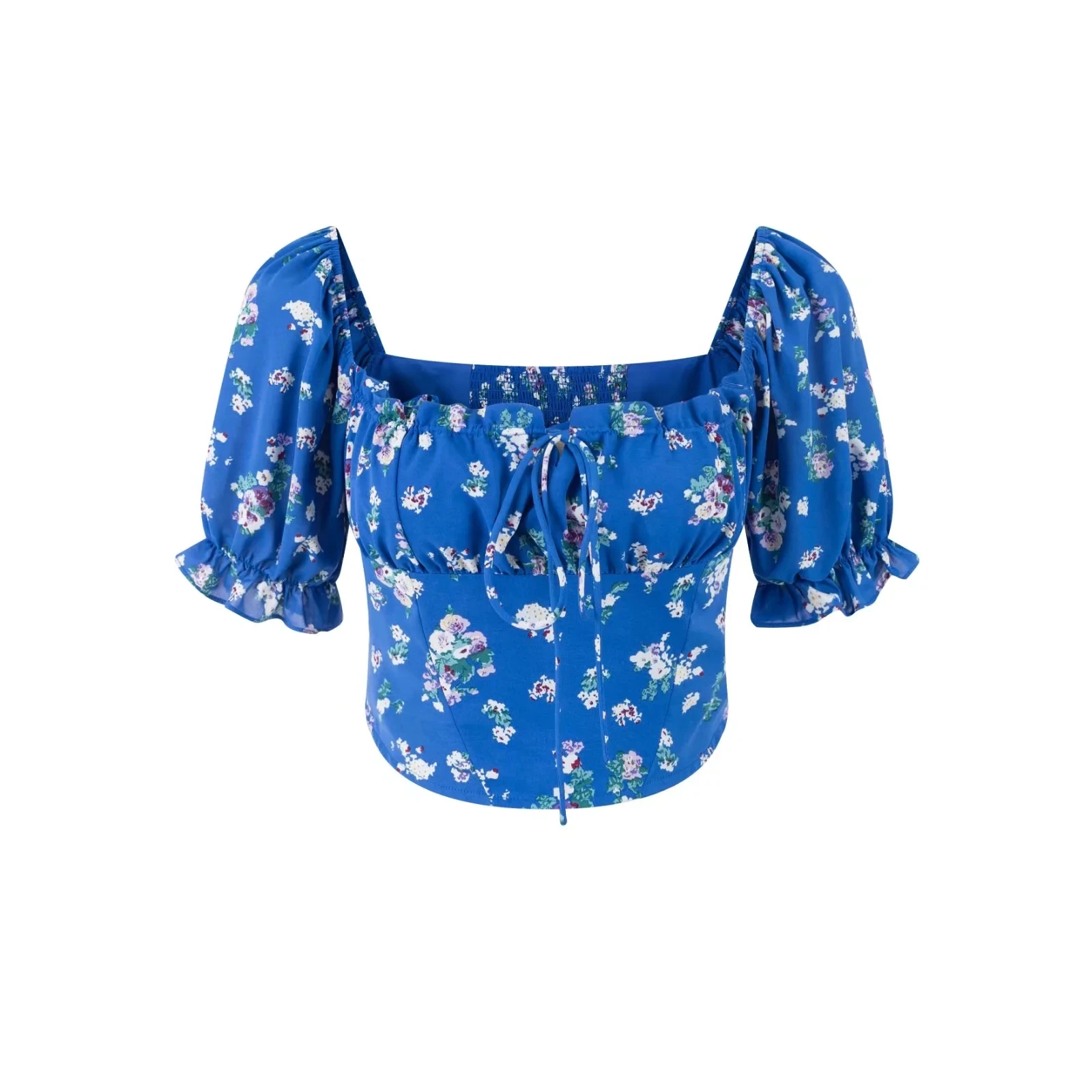 Americano retro gola quadrada dstring bolha sve férias topo azul floral ort sve irt verão doce sle fino ajuste