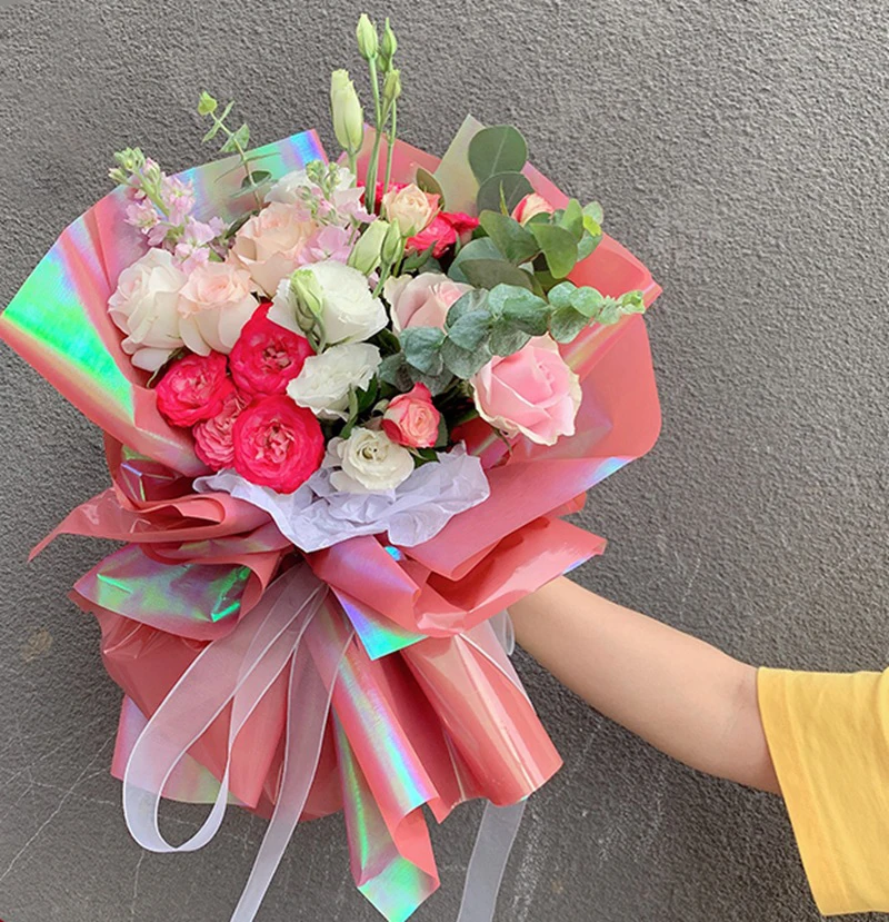 

Iridescent brushed packing film 20 pcs/pack present silk texture shiny flowers packaging 58x58cm floral double-sided package