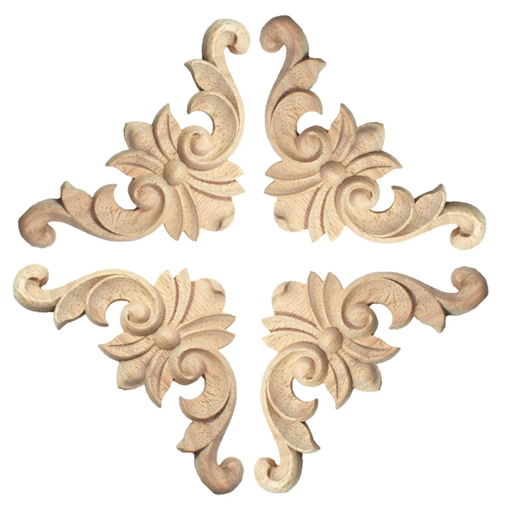 

4PCS Vintage Unpainted Wood Carved Decal Corner Applique Frame for Home Furniture Door Walls Cabinet Door Wooden Miniature Craft