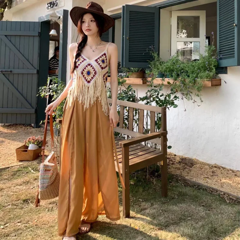 New Ethnic Style Suspender Vest Set Female Bohemian Fashionable Hollow Tassel Tops Pants Two-piece Set Sexy Summer Woman Suit